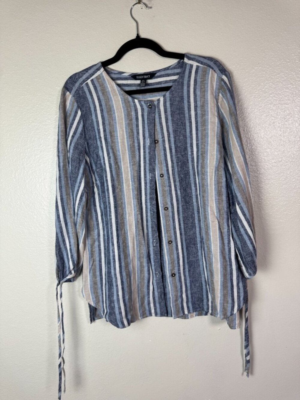 Ellen Tracy Womens Striped Linen‎ Blend Button Front Top Size Large Lagenlook